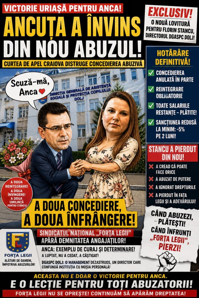 IMAGINEA Anca-Florin var.2.jpg Curtea de Apel Craiova a dispus reintegrarea unei infirmiere acuzată de violențe, concediată disciplinar de DGASPC Dolj. Instanța a înlocuit concedierea cu o sancțiune salarială